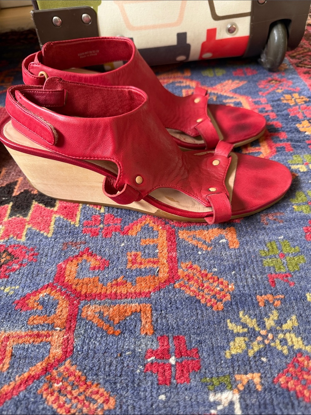 Camper Red Leather Wedge Sandals with Wood-Look Heel